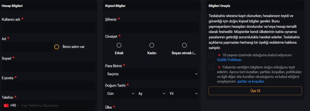 teslabahis üyelik işlemi
